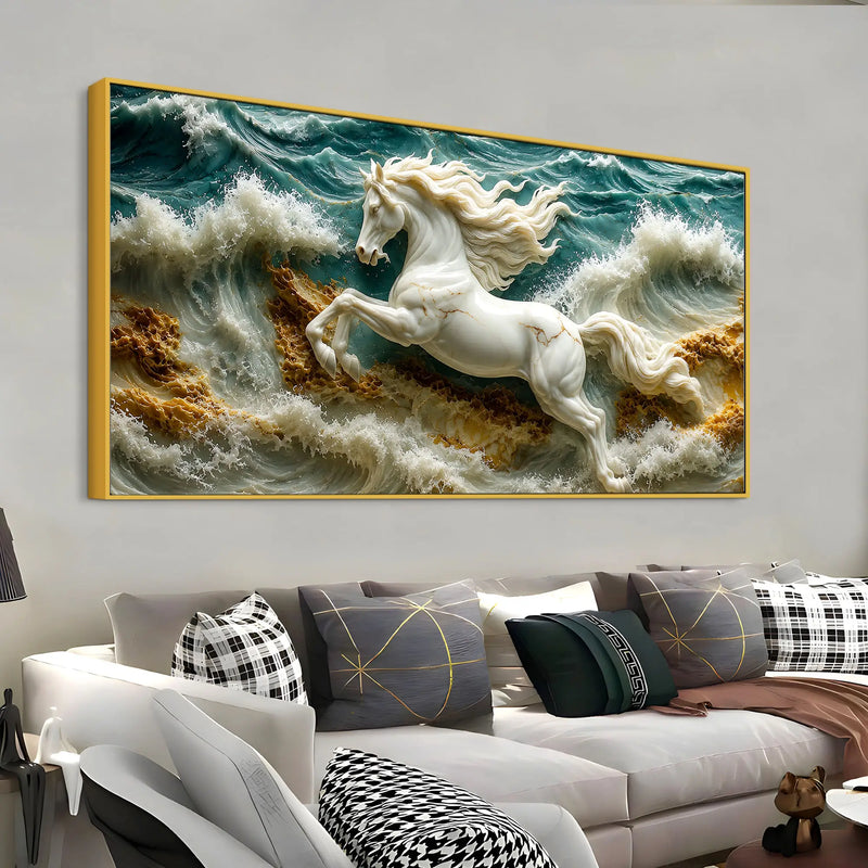 Royal White Horse Riding the Ocean Tide 3D Canvas Wall Painting