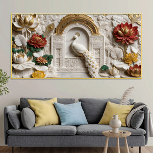 Royal White Peacock in Ornate Palace Arch with Lotus Garden 3D Canvas Wall Painting