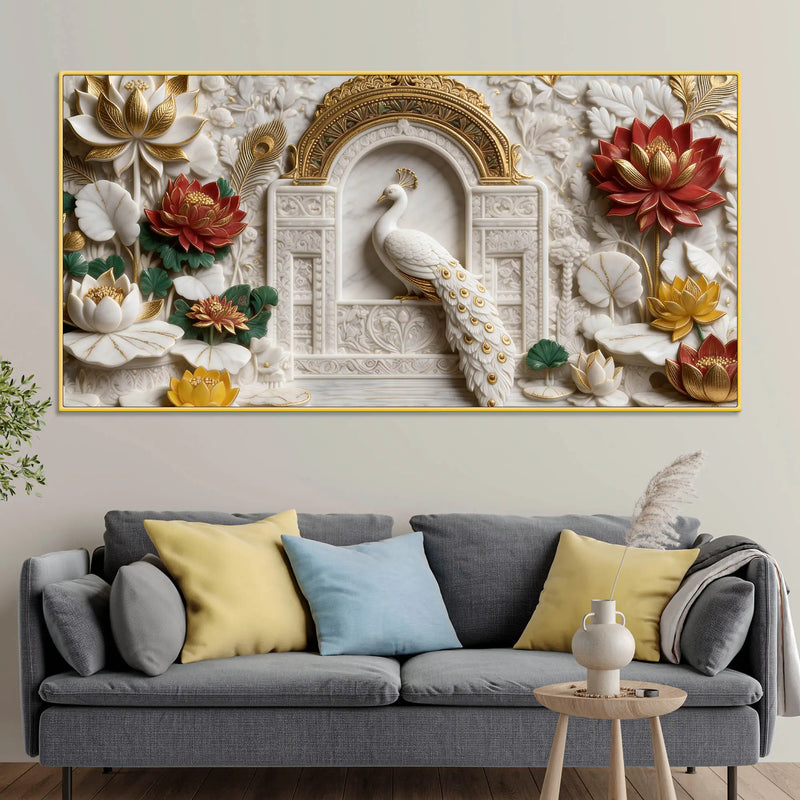 Royal White Peacock in Ornate Palace Arch with Lotus Garden 3D Canvas Wall Painting