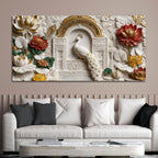 Royal White Peacock in Ornate Palace Arch with Lotus Garden 3D Canvas Wall Painting