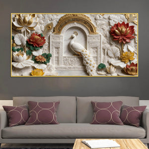 Royal White Peacock in Ornate Palace Arch with Lotus Garden 3D Canvas Wall Painting