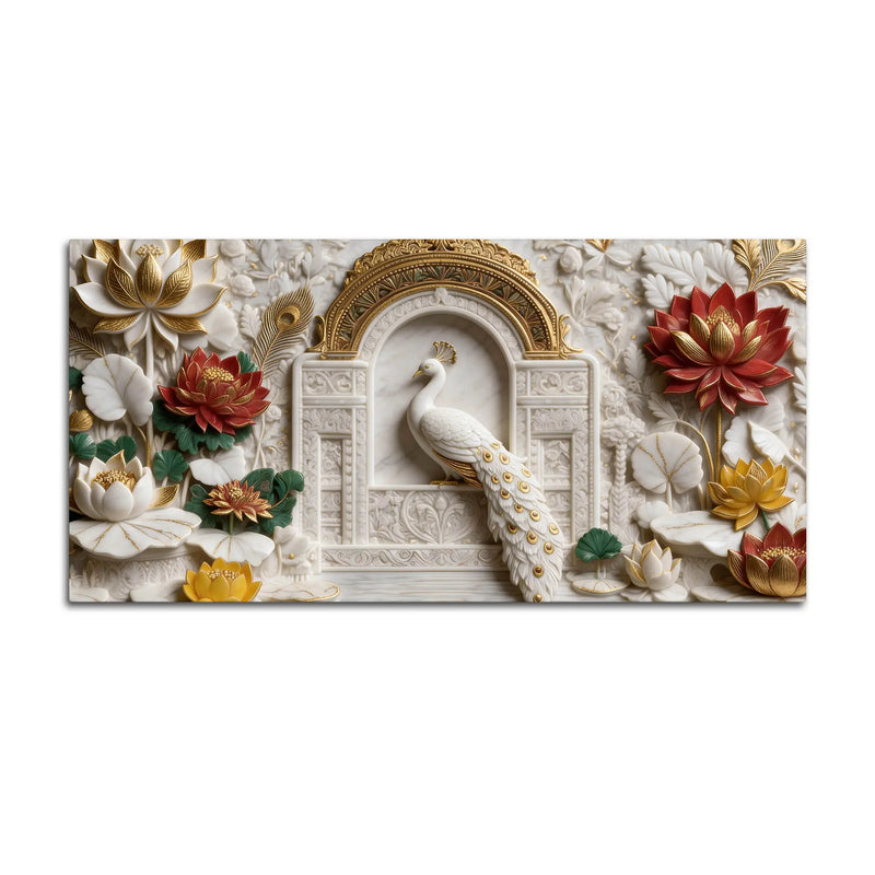Royal White Peacock in Ornate Palace Arch with Lotus Garden 3D Canvas Wall Painting