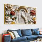 Royal White Peacock in Ornate Palace Arch with Lotus Garden 3D Canvas Wall Painting