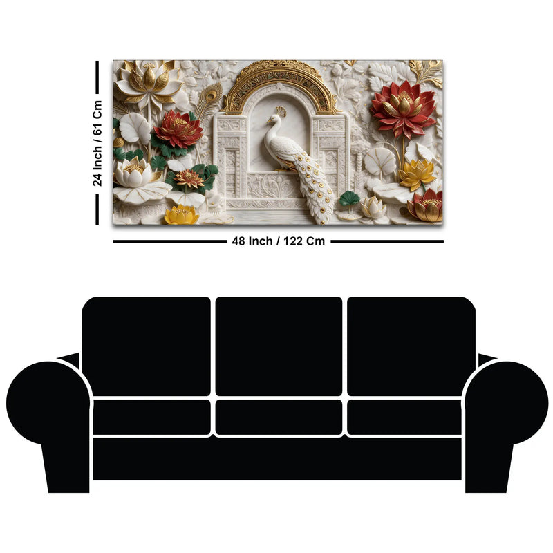 Royal White Peacock in Ornate Palace Arch with Lotus Garden 3D Canvas Wall Painting