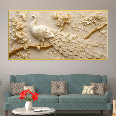 Royal White Peacock on Blooming Golden Branch 3D Canvas Wall Painting