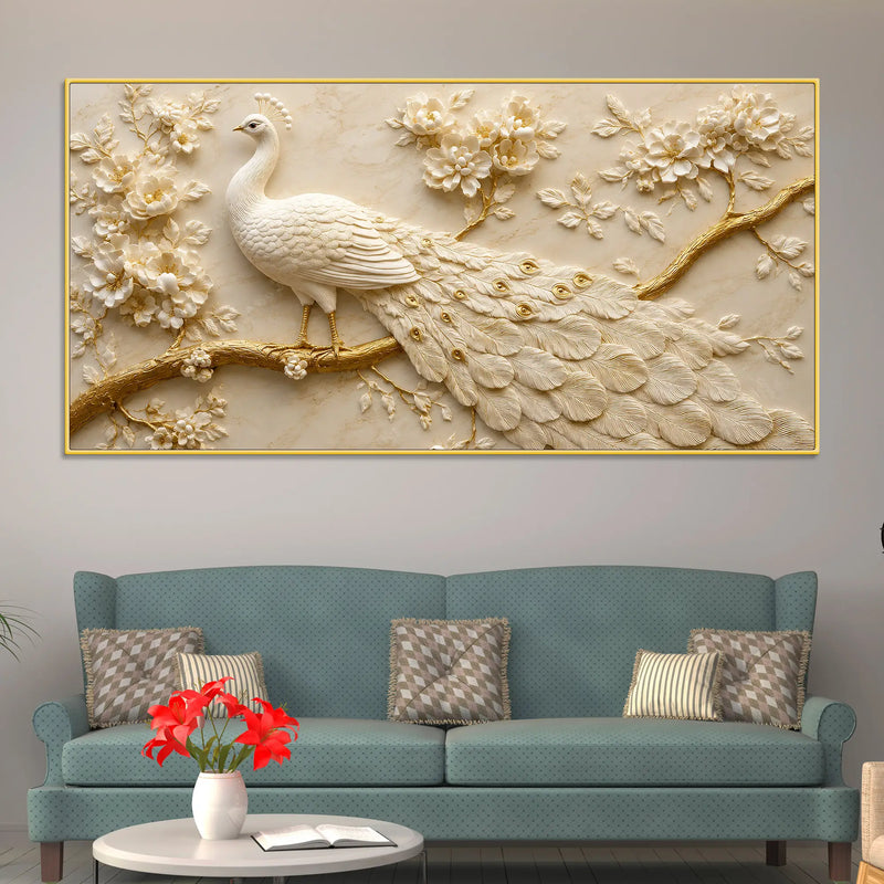 Royal White Peacock on Blooming Golden Branch 3D Canvas Wall Painting