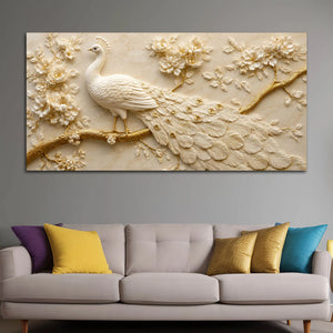Royal White Peacock on Blooming Golden Branch 3D Canvas Wall Painting