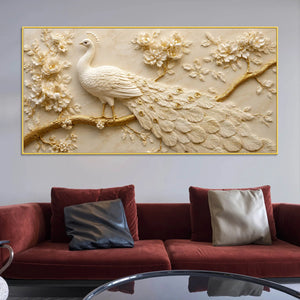 Royal White Peacock on Blooming Golden Branch 3D Canvas Wall Painting