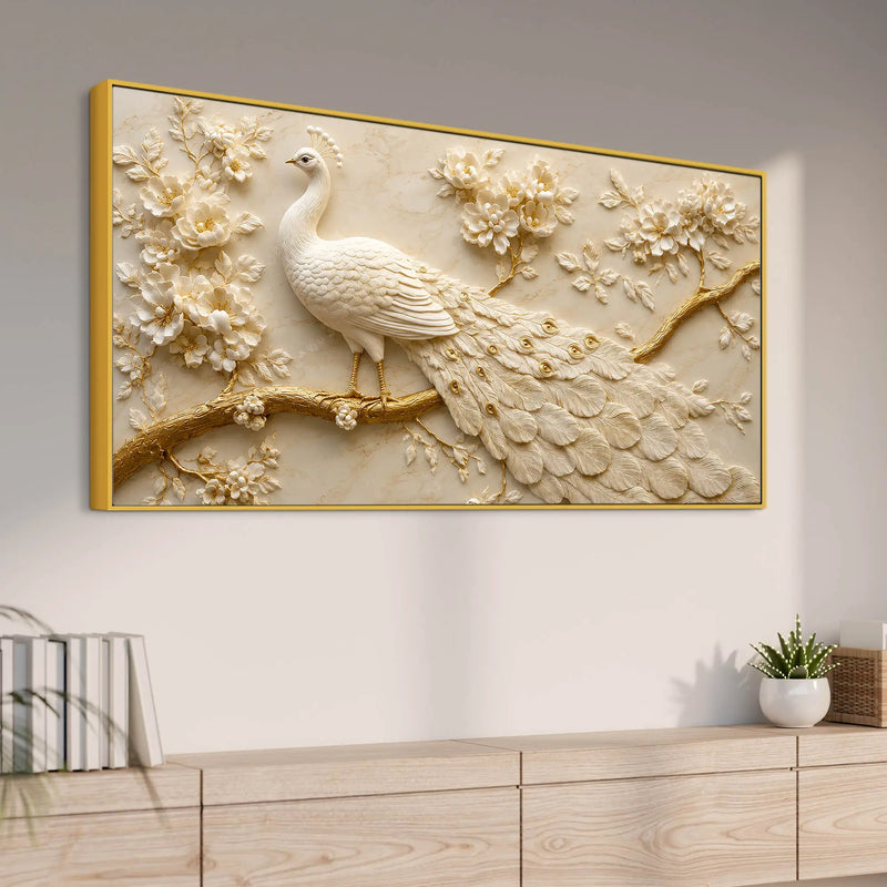Royal White Peacock on Blooming Golden Branch 3D Canvas Wall Painting
