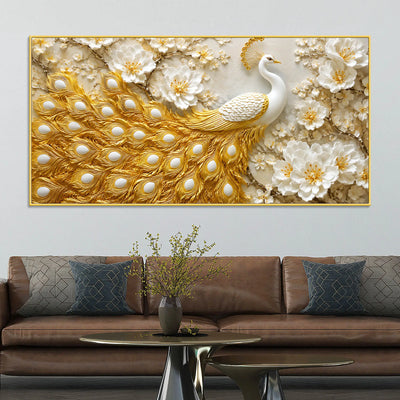 Royal White Peacock with Golden Feather in Blooming Blossom Garden 3D Canvas Wall Painting