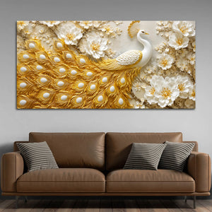 Royal White Peacock with Golden Feather in Blooming Blossom Garden 3D Canvas Wall Painting