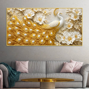 Royal White Peacock with Golden Feather in Blooming Blossom Garden 3D Canvas Wall Painting