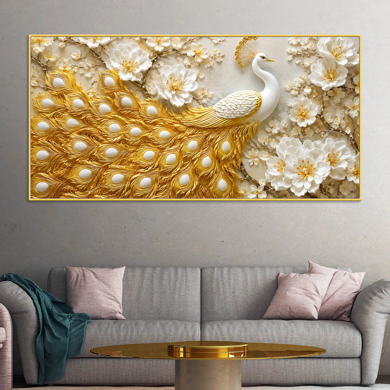 Royal White Peacock with Golden Feather in Blooming Blossom Garden 3D Canvas Wall Painting