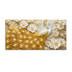 Royal White Peacock with Golden Feather in Blooming Blossom Garden 3D Canvas Wall Painting