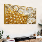 Royal White Peacock with Golden Feather in Blooming Blossom Garden 3D Canvas Wall Painting