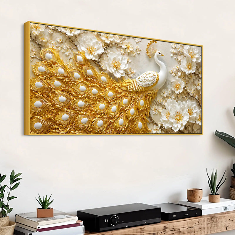 Royal White Peacock with Golden Feather in Blooming Blossom Garden 3D Canvas Wall Painting