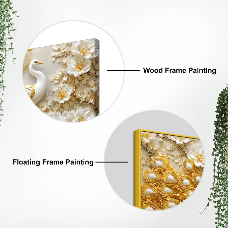 Royal White Peacock with Golden Feather in Blooming Blossom Garden 3D Canvas Wall Painting