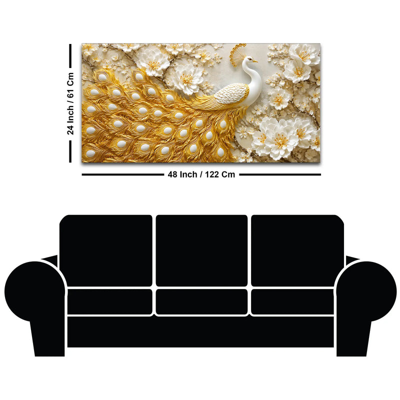 Royal White Peacock with Golden Feather in Blooming Blossom Garden 3D Canvas Wall Painting