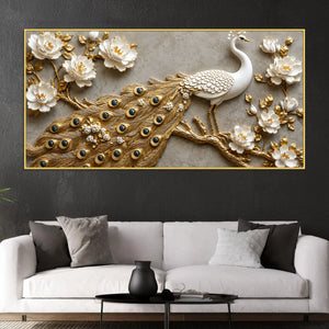 Royal White Peacock with Golden Feather Tail 3D Canvas Wall Painting