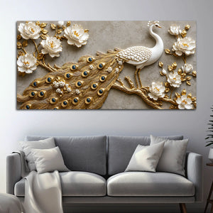 Royal White Peacock with Golden Feather Tail 3D Canvas Wall Painting