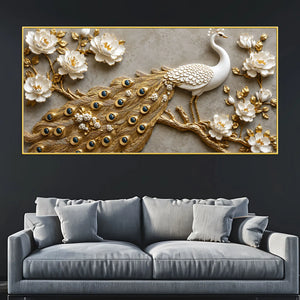 Royal White Peacock with Golden Feather Tail 3D Canvas Wall Painting