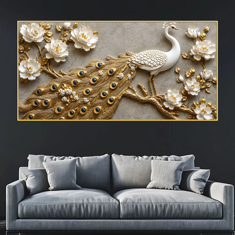 Royal White Peacock with Golden Feather Tail 3D Canvas Wall Painting