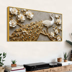 Royal White Peacock with Golden Feather Tail 3D Canvas Wall Painting