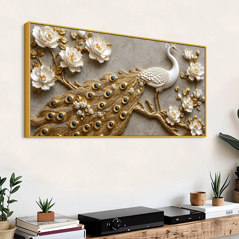 Royal White Peacock with Golden Feather Tail 3D Canvas Wall Painting