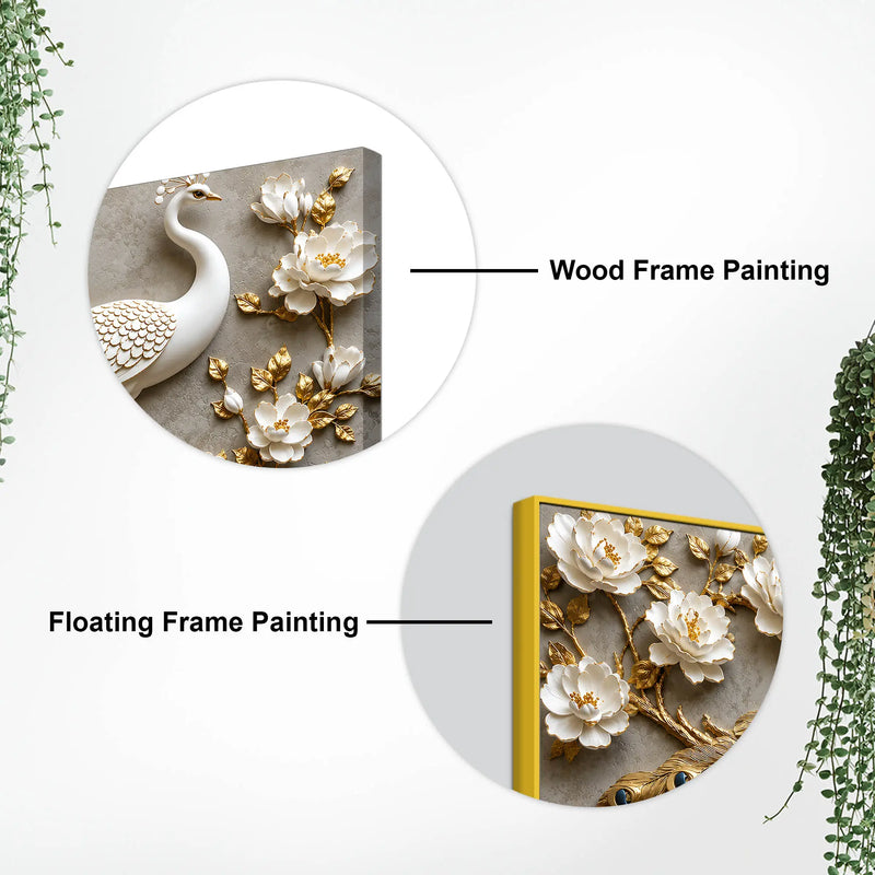 Royal White Peacock with Golden Feather Tail 3D Canvas Wall Painting