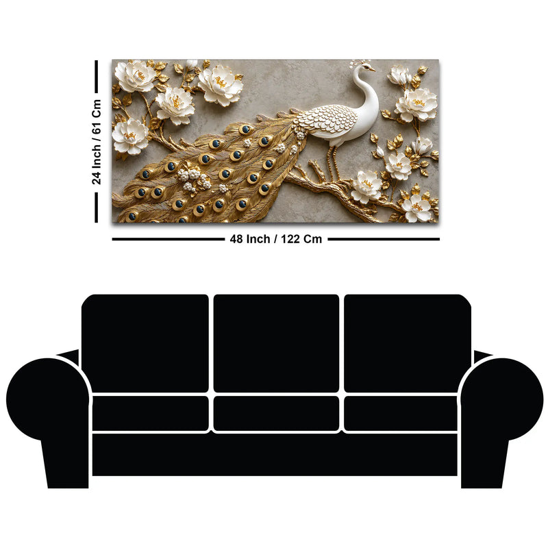 Royal White Peacock with Golden Feather Tail 3D Canvas Wall Painting