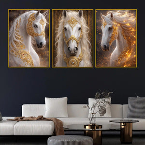 royal-white-stallion-adorned-in-golden-ornaments-floating-frame-crystal-wall-painting-set-of-3