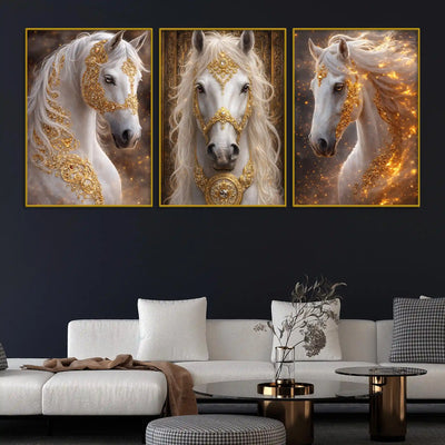 royal-white-stallion-adorned-in-golden-ornaments-floating-frame-crystal-wall-painting-set-of-3