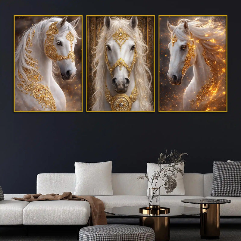 royal-white-stallion-adorned-in-golden-ornaments-floating-frame-crystal-wall-painting-set-of-3