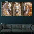 Royal White Stallion Adorned In Golden Ornaments Floating Frame Crystal Wall Painting Set of 3