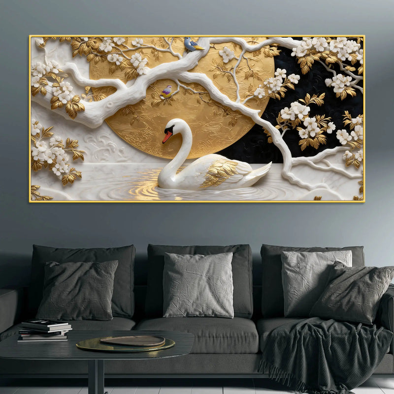 Royal White Swan in Enchanted Blossom Lake 3D Canvas Wall Painting