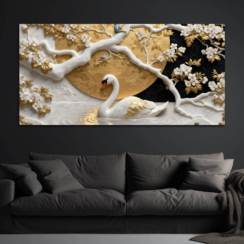 Royal White Swan in Enchanted Blossom Lake 3D Canvas Wall Painting