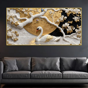 Royal White Swan in Enchanted Blossom Lake 3D Canvas Wall Painting
