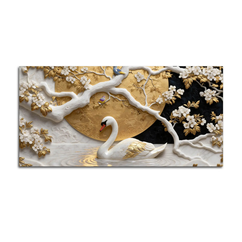 Royal White Swan in Enchanted Blossom Lake 3D Canvas Wall Painting