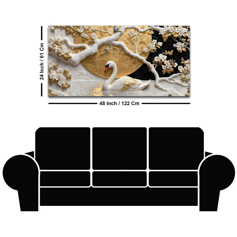 Royal White Swan in Enchanted Blossom Lake 3D Canvas Wall Painting