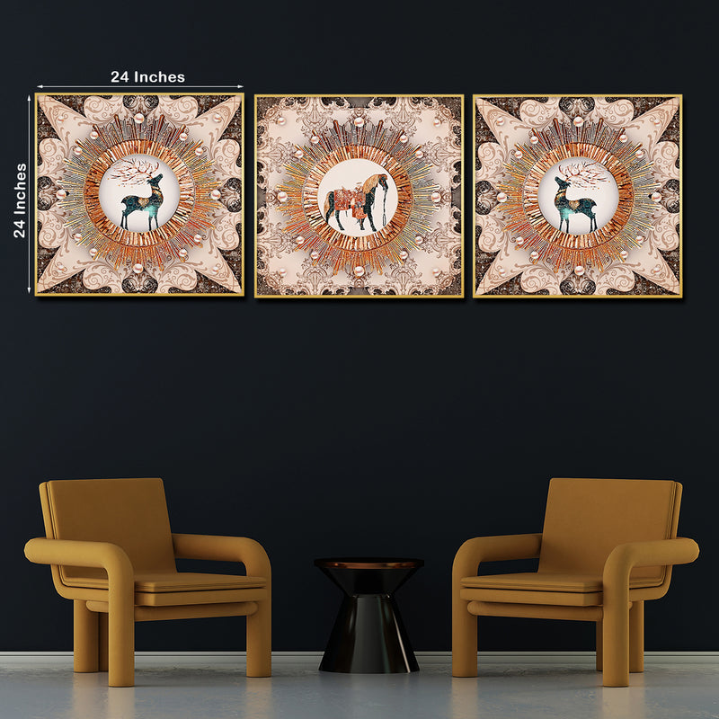 Royal Wild Family Horse Framed Crystal Glass Set of 3 Painting