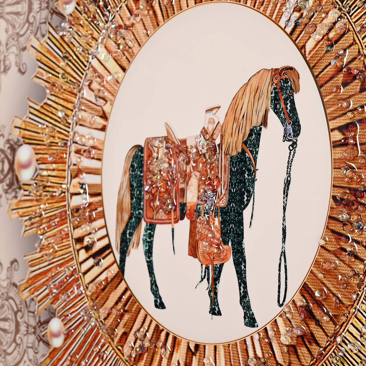 Royal Wild Family Horse Framed Crystal Glass Set of 3 Painting