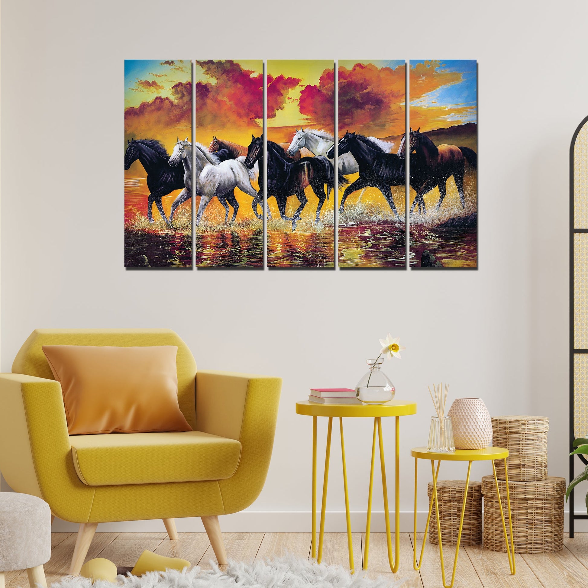 Running Seven Horses Canvas Wall Painting 5 Pieces