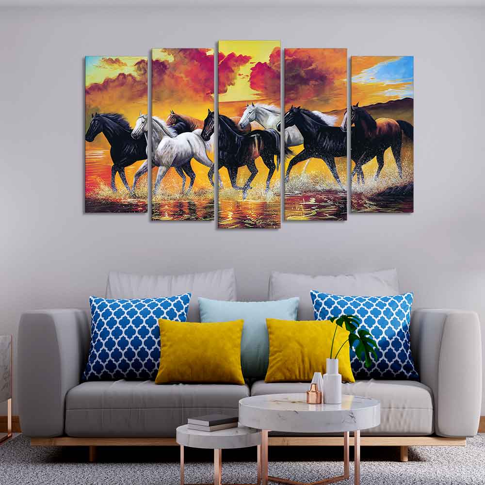 Running Seven Horses Wall Painting of Five Pieces