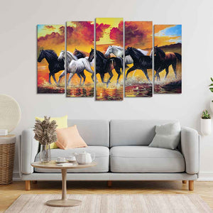 Running Seven Horses Wall Painting of Five Pieces