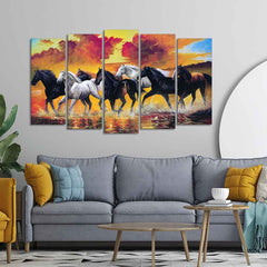 Running Seven Horses Wall Painting of Five Pieces