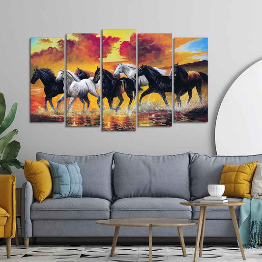 Running Seven Horses Wall Painting of Five Pieces