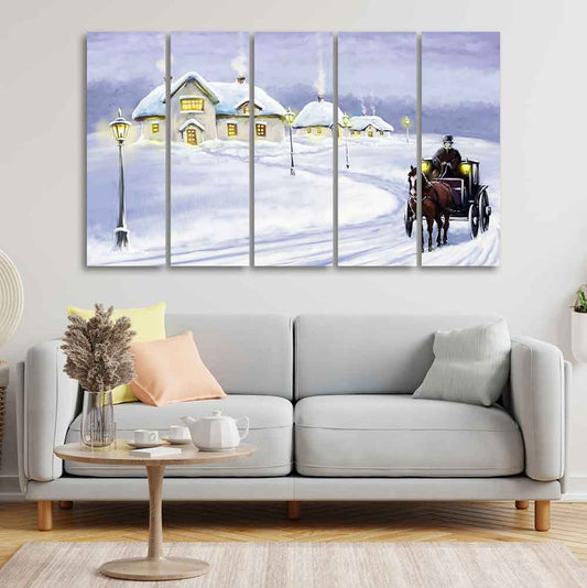 Rural Landscape in Winters Wall Painting of Five Pieces