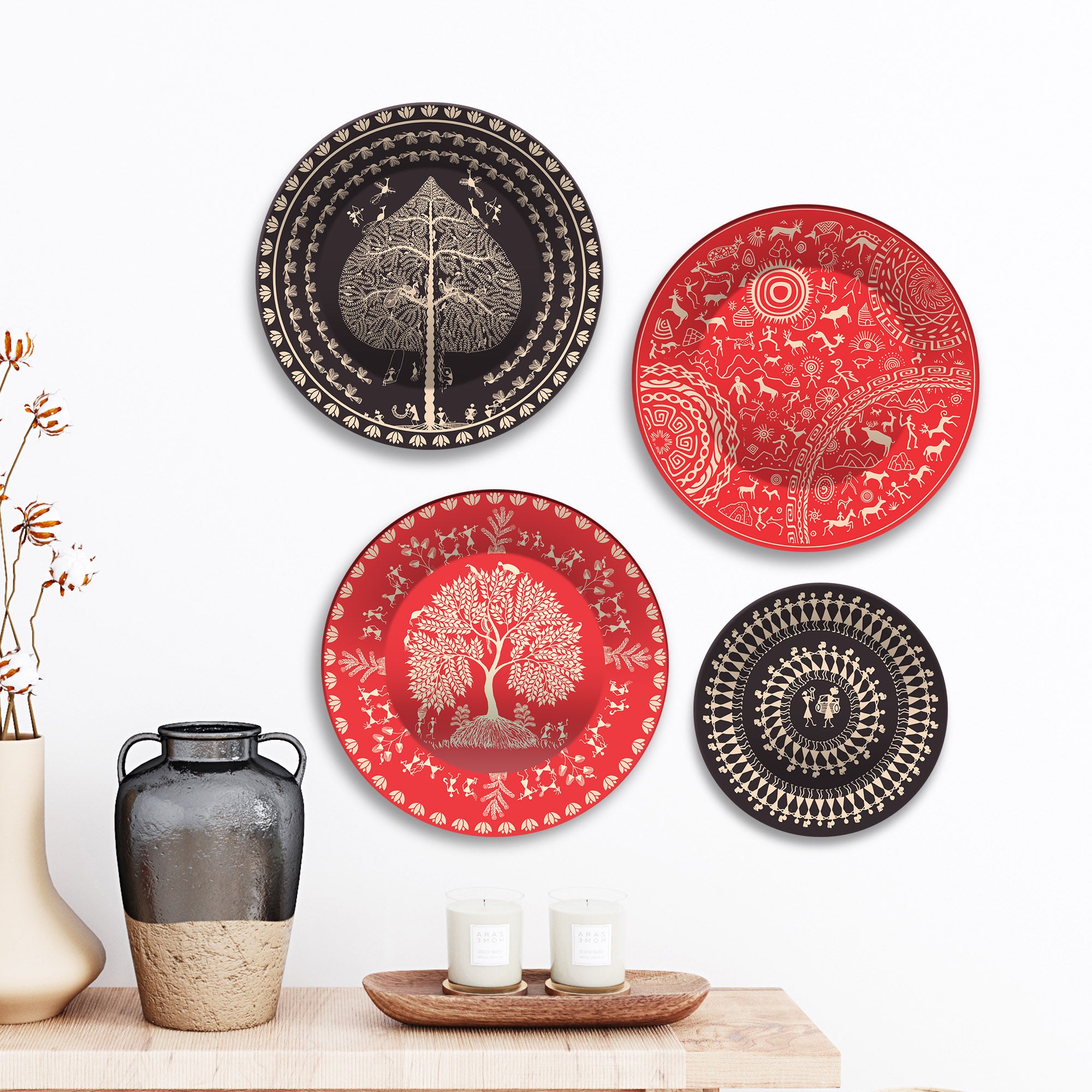 Rustic Elegance Warli Art Premium Wall Plates Painting Set of Four