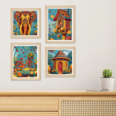 Rustic Floral Village Wall Art Frame Set of 4
