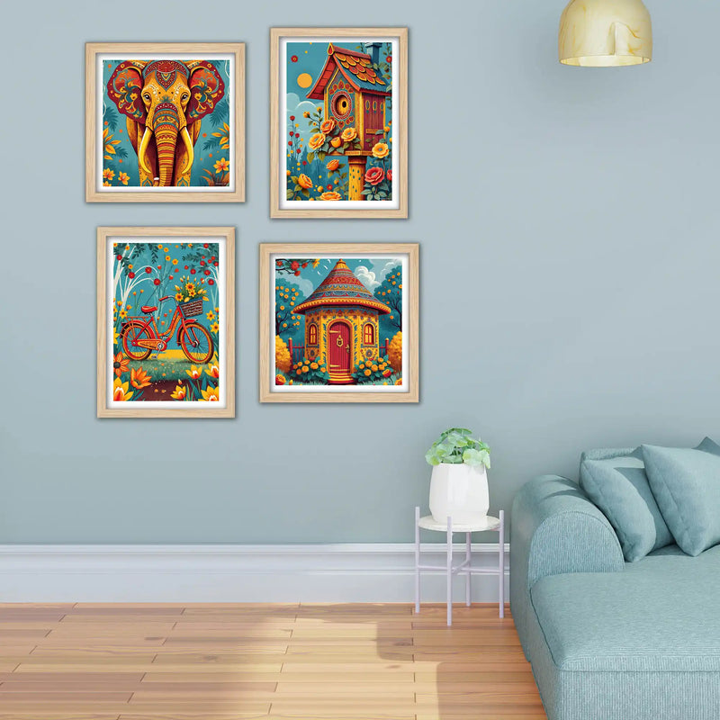 Rustic Floral Village Wall Art Frame Set of 4